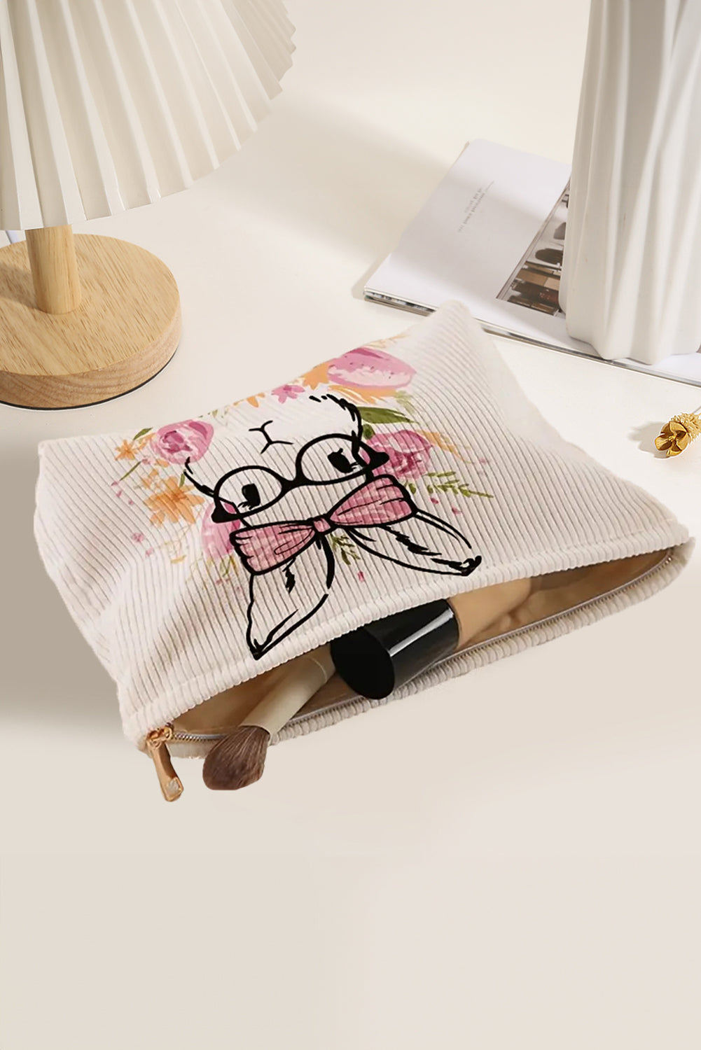 White Easter Bunny Graphic Corduroy Makeup Bag