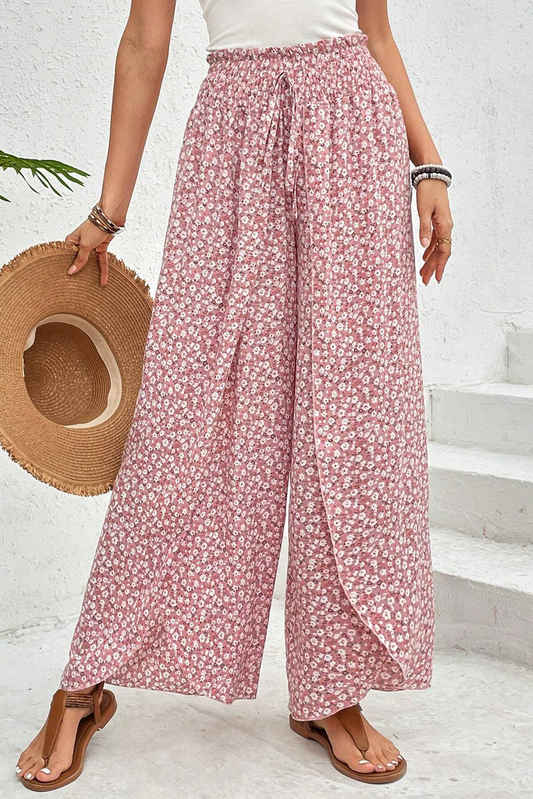 Pantalon large de la jambe à fente latérale florale rose