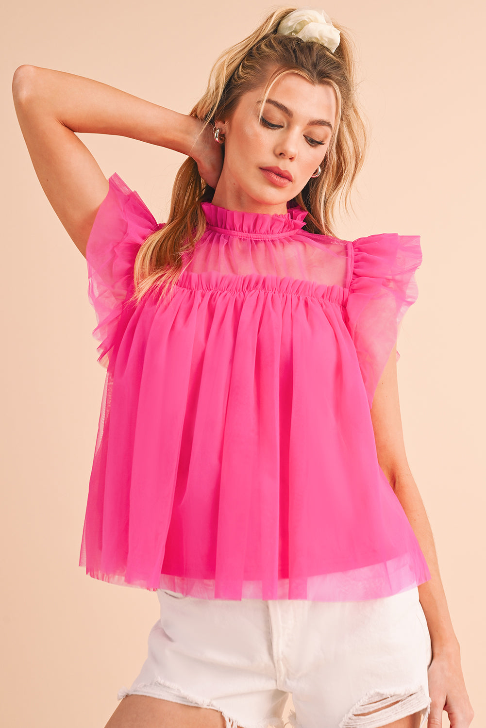 Ruffled Strawberry Pink Mesh Layered Top