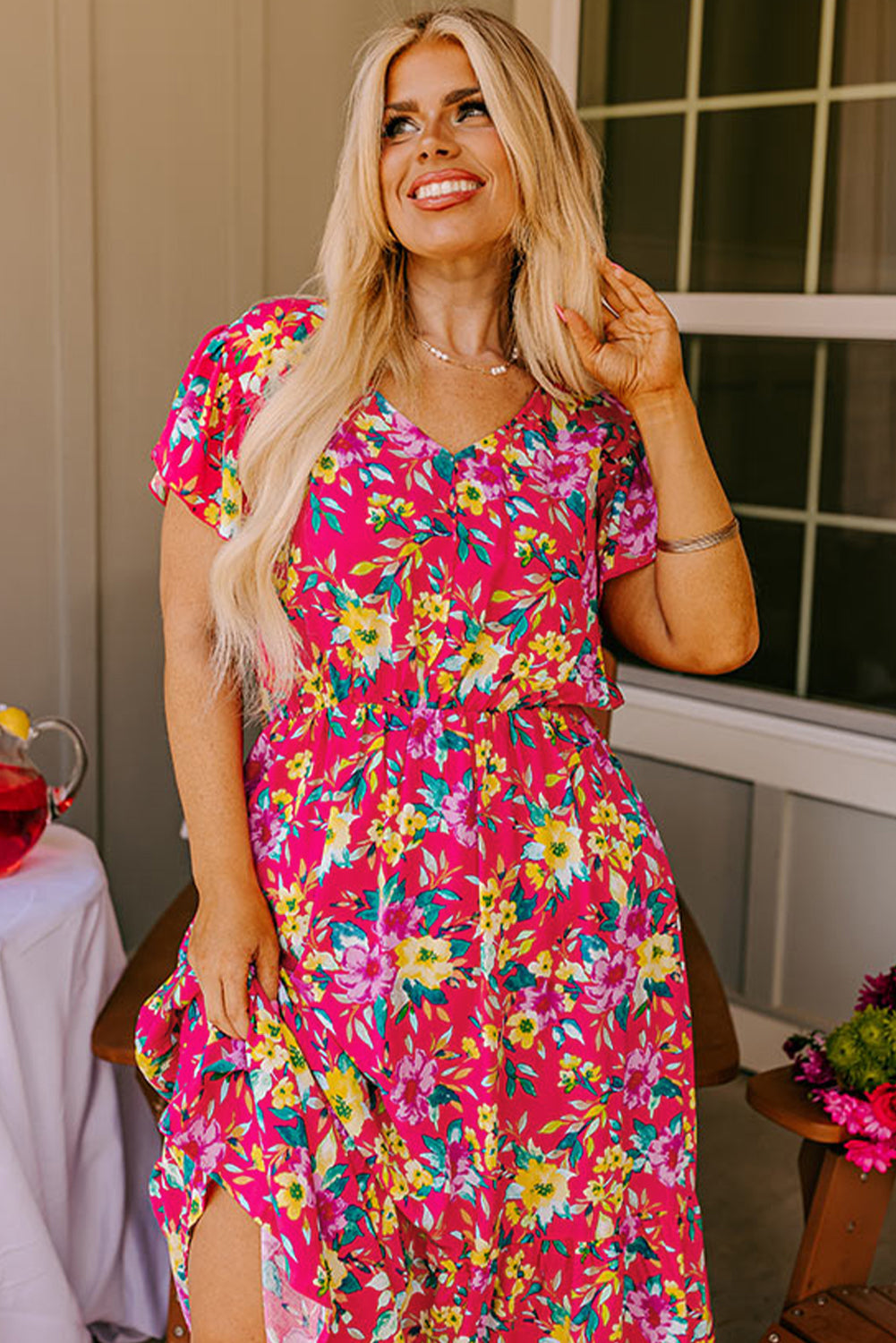 Vestido midi de talla grande con cuello de estampado floral rosa V