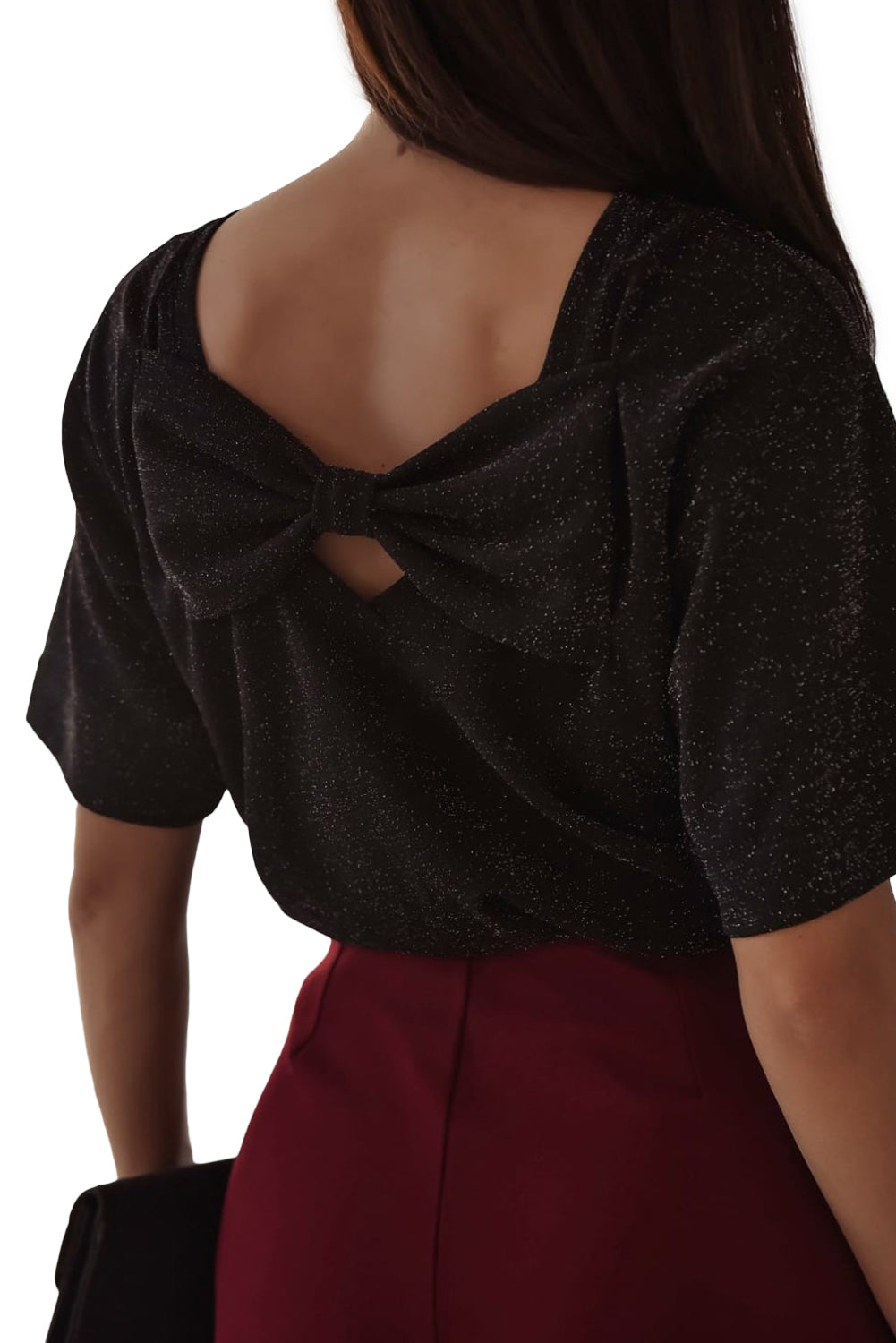 Glittering Black Bow Backless Short Sleeve Top