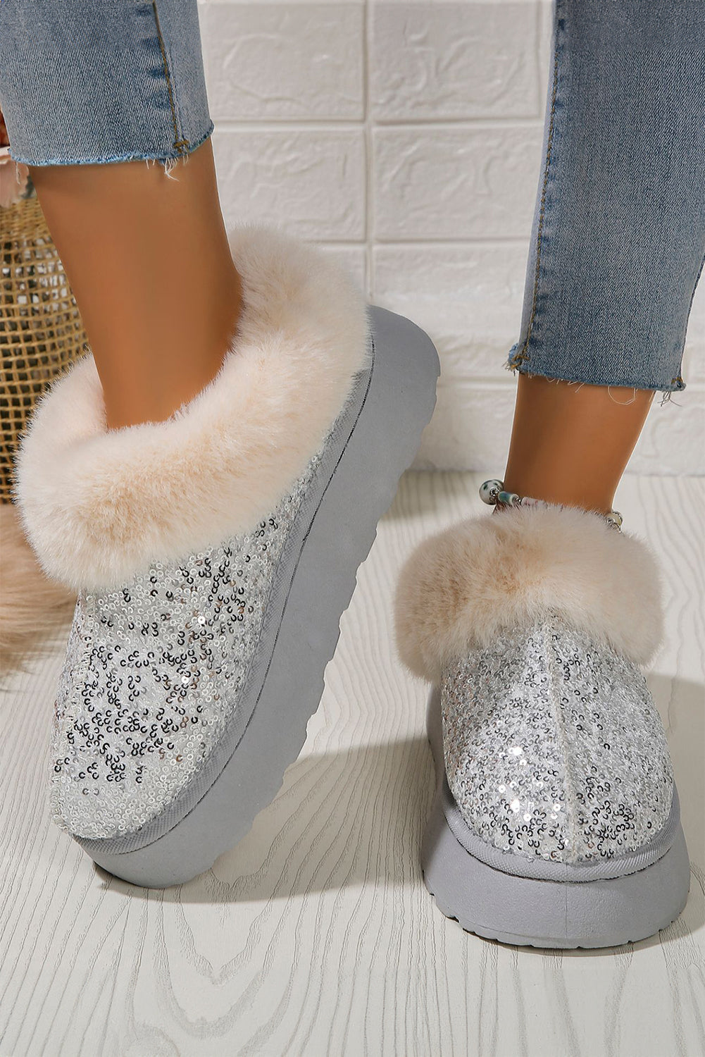 Paillettes dorées en peluche épais bottes de neige à semelle