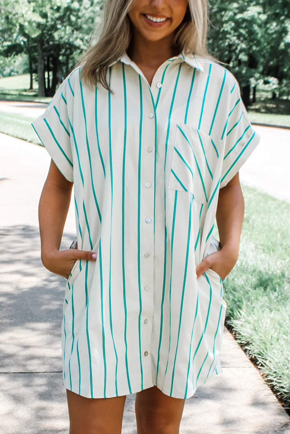 Mint Green Striped Pocket Short Sleeve Mini Dress