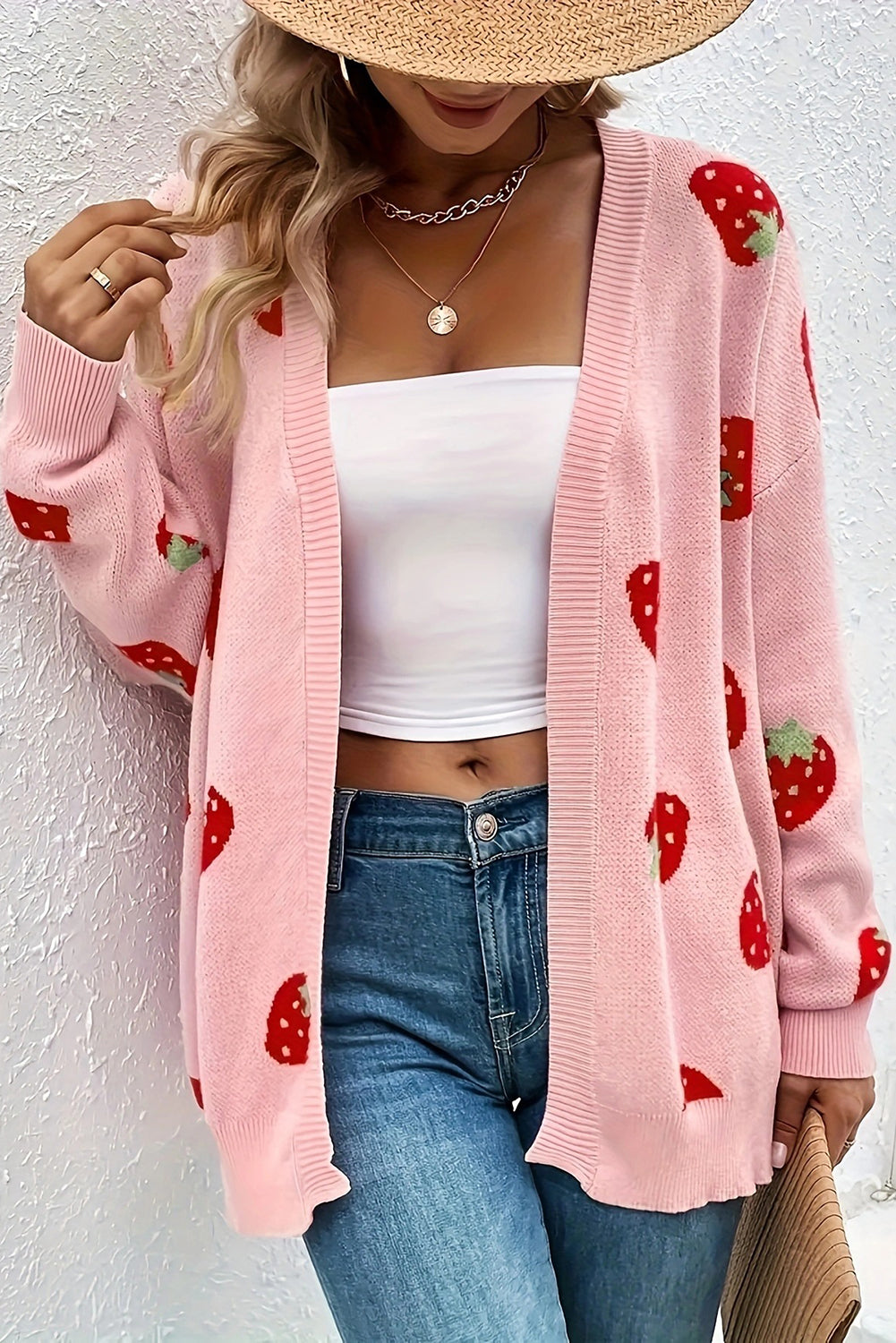 Strawberry Print Knit Cardigan in Pink for Casual Chic