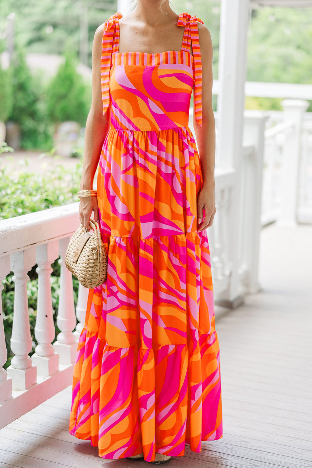 Crimson Artistic Print Knotted Shoulder High-Waisted Maxi Dress