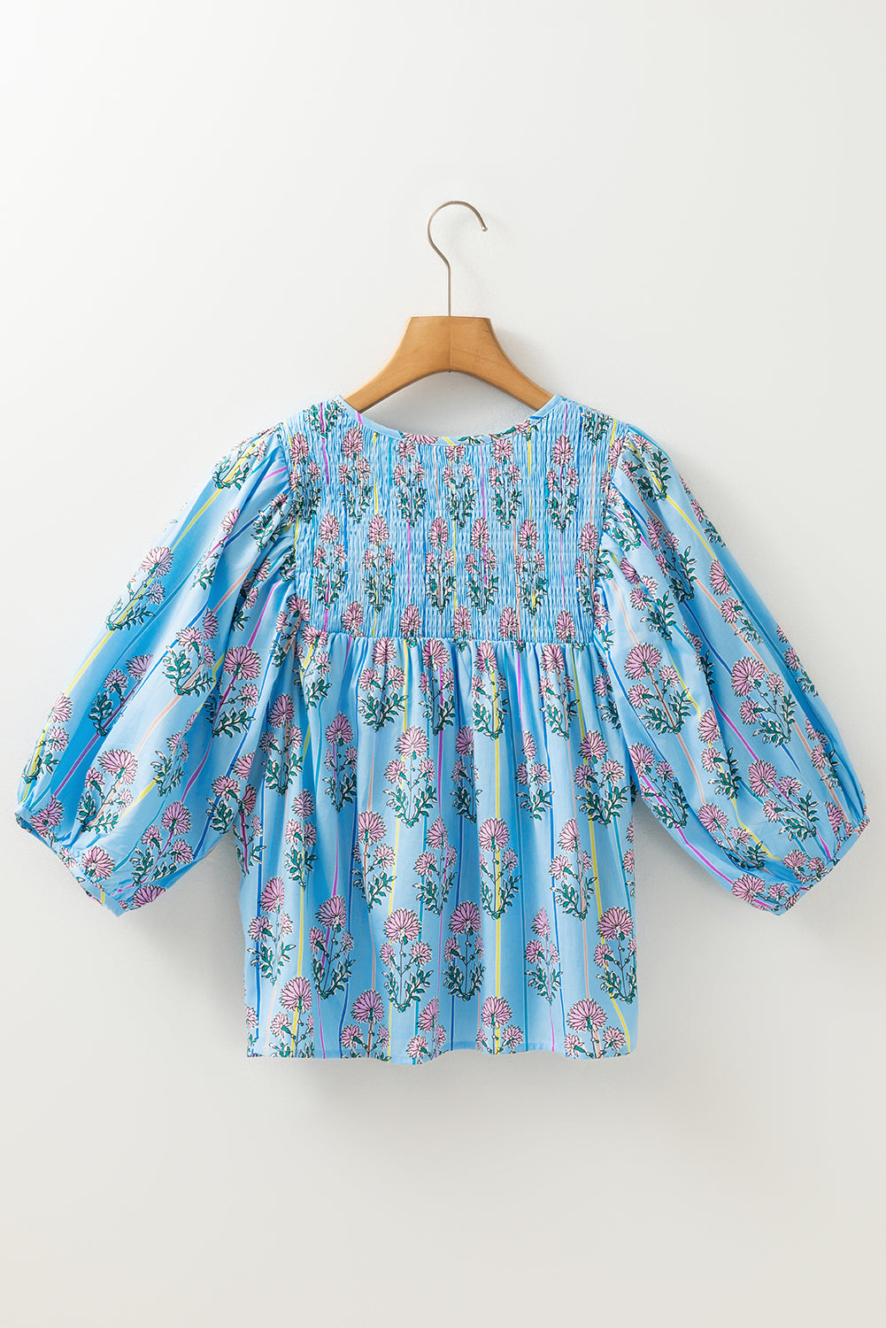 Sky Blue Floral Striped Smocked V Neck Blouse