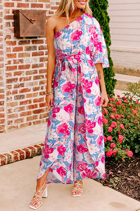 Pink Asymmetrical Floral Print Jumpsuit with Half Sleeve and Belted Waist