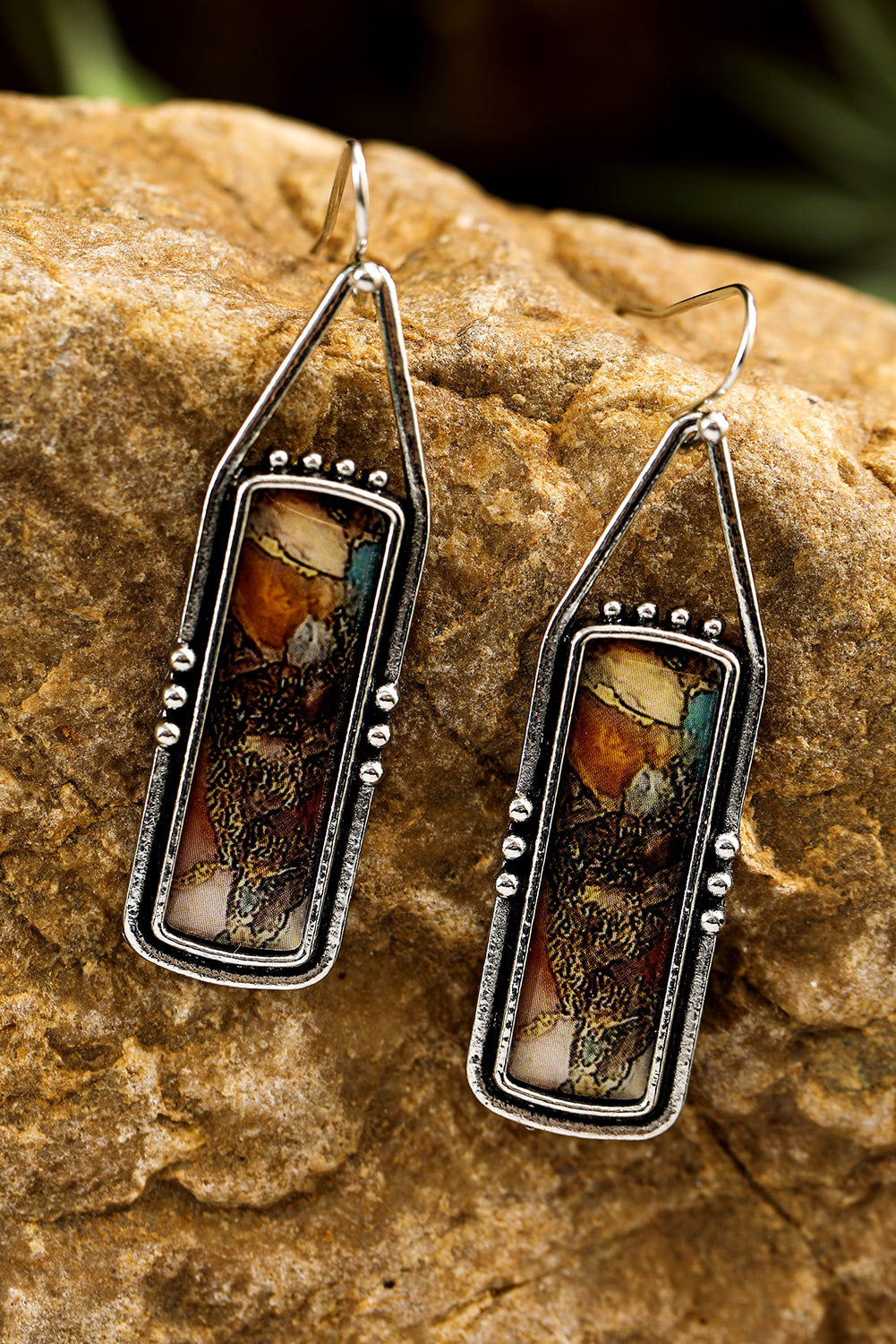 Pendientes colgantes de piedra rectángulo retro plateado para la elegancia