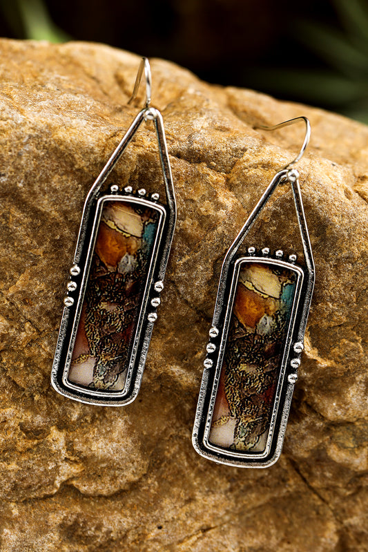 Silvery Retro Rectangle Stone Inlay Dangle Earrings for Elegance