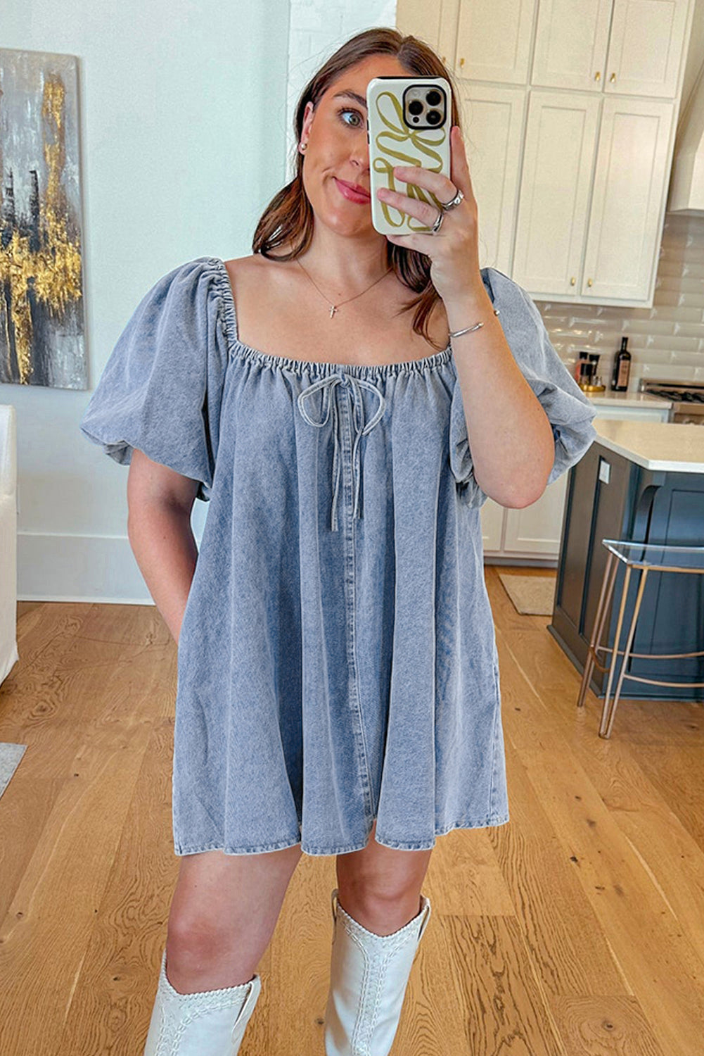 Chic Denim Babydoll Dress with Bubble Sleeves and Square Neck