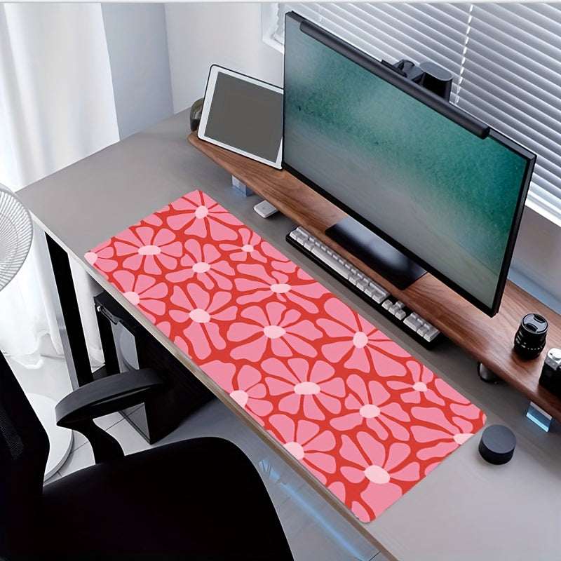 1pc Boho Flowers Large Mouse Pad, 89.92x39.88 cm, Aesthetic Pink Desk Mat, Non-Slip Rubber Base, Ergonomic Office Keyboard Pad, Computer Mouse Accessory, Ideal Gift for Teens, Boyfriend, Girlfriend