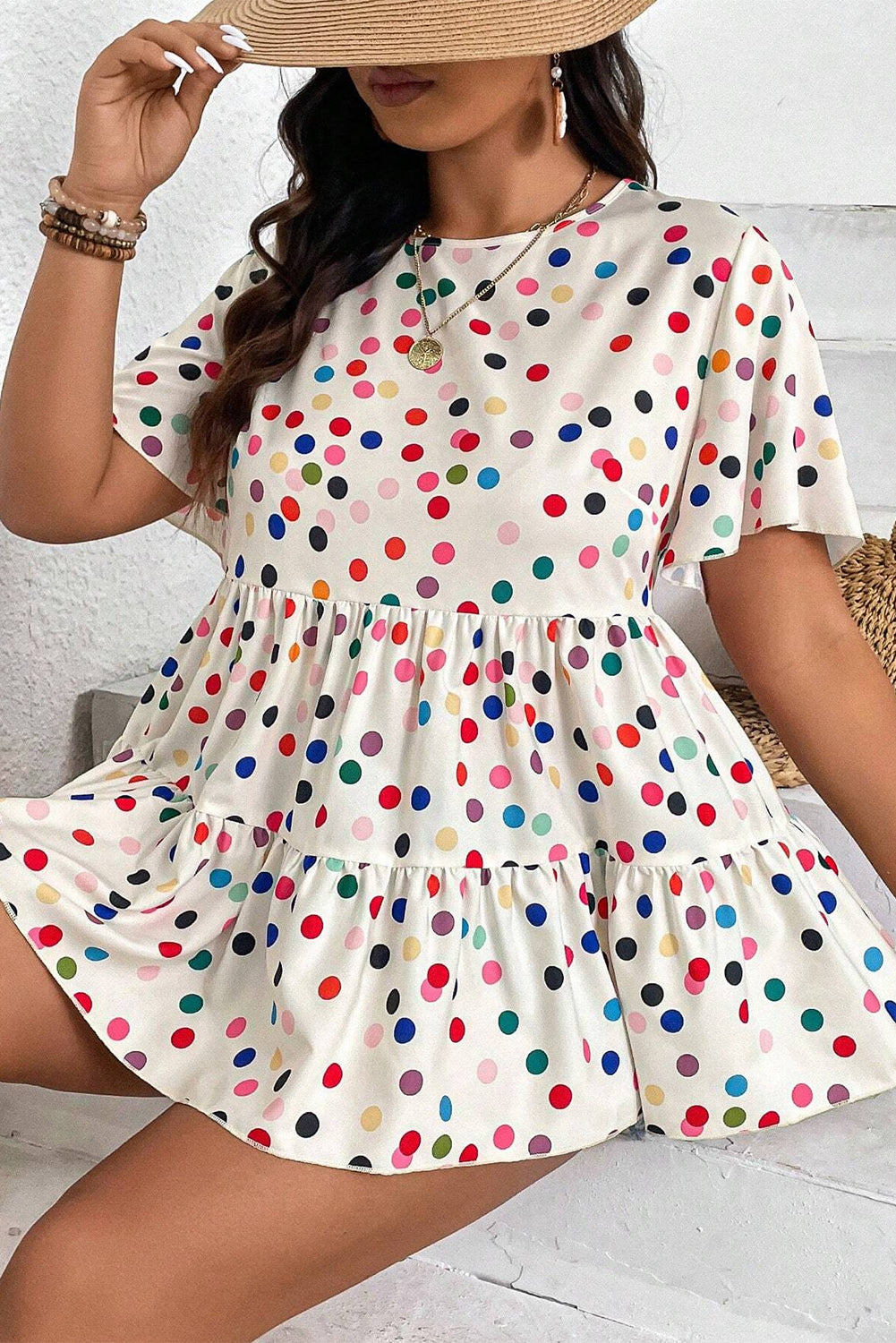 بژ رنگارنگ رنگارنگ Polka Dot Ruffle به علاوه اندازه بلوز BabyDoll