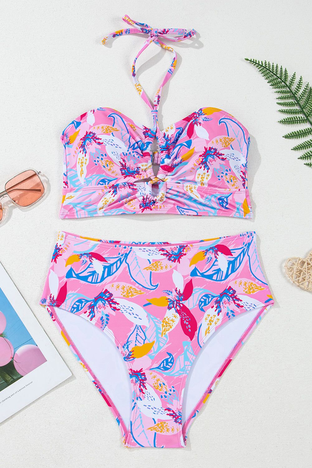 Bikini à cou licou à imprimé à floral rose