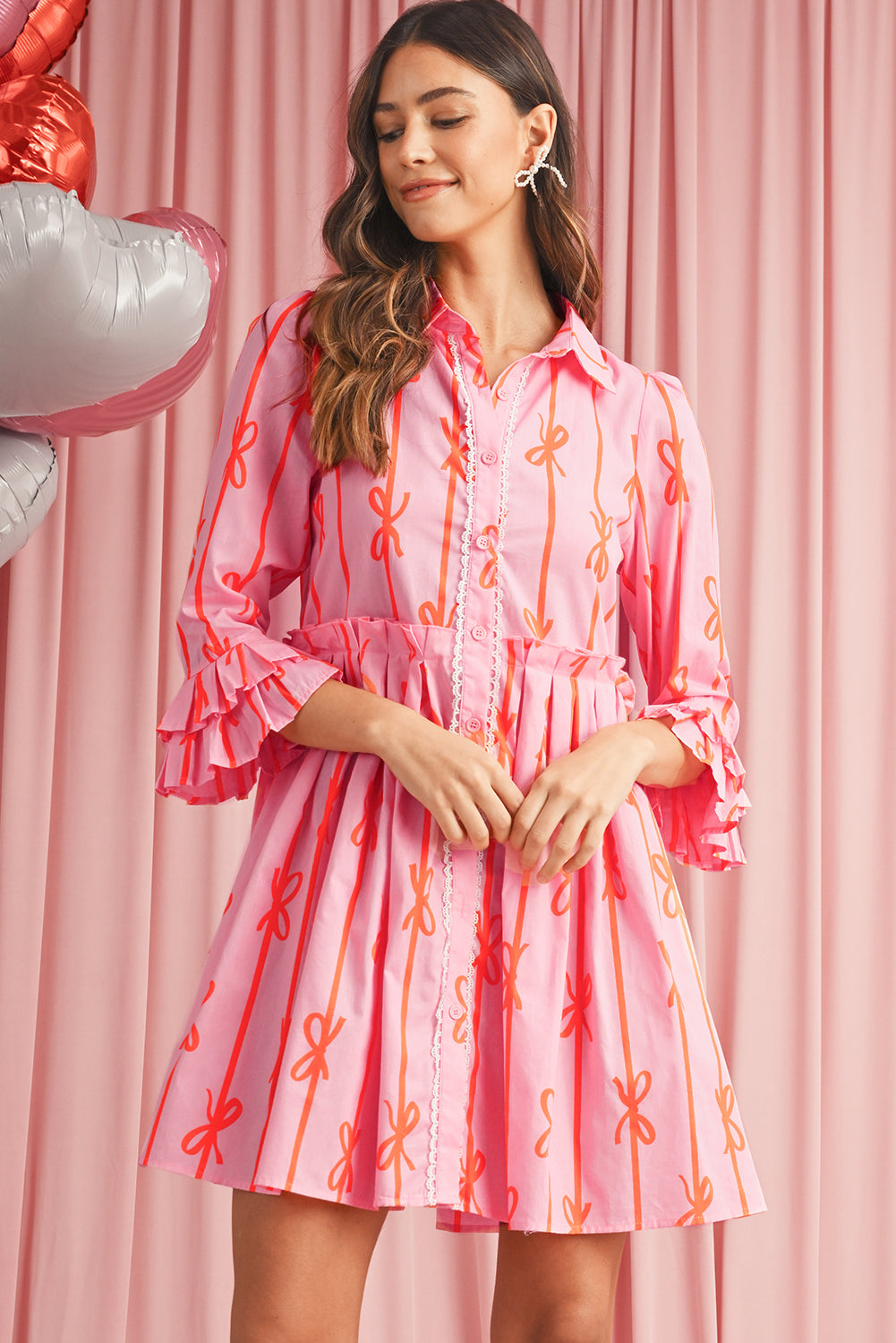 Pink Bowknot Striped Ruffle Mini Shirt Dress