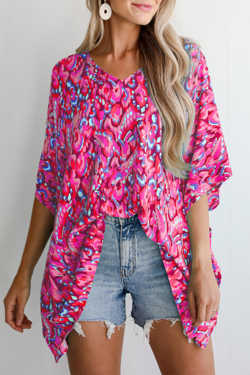 Pink Abstract Print V-Neck Half Sleeve Relaxed Fit Tunic Top