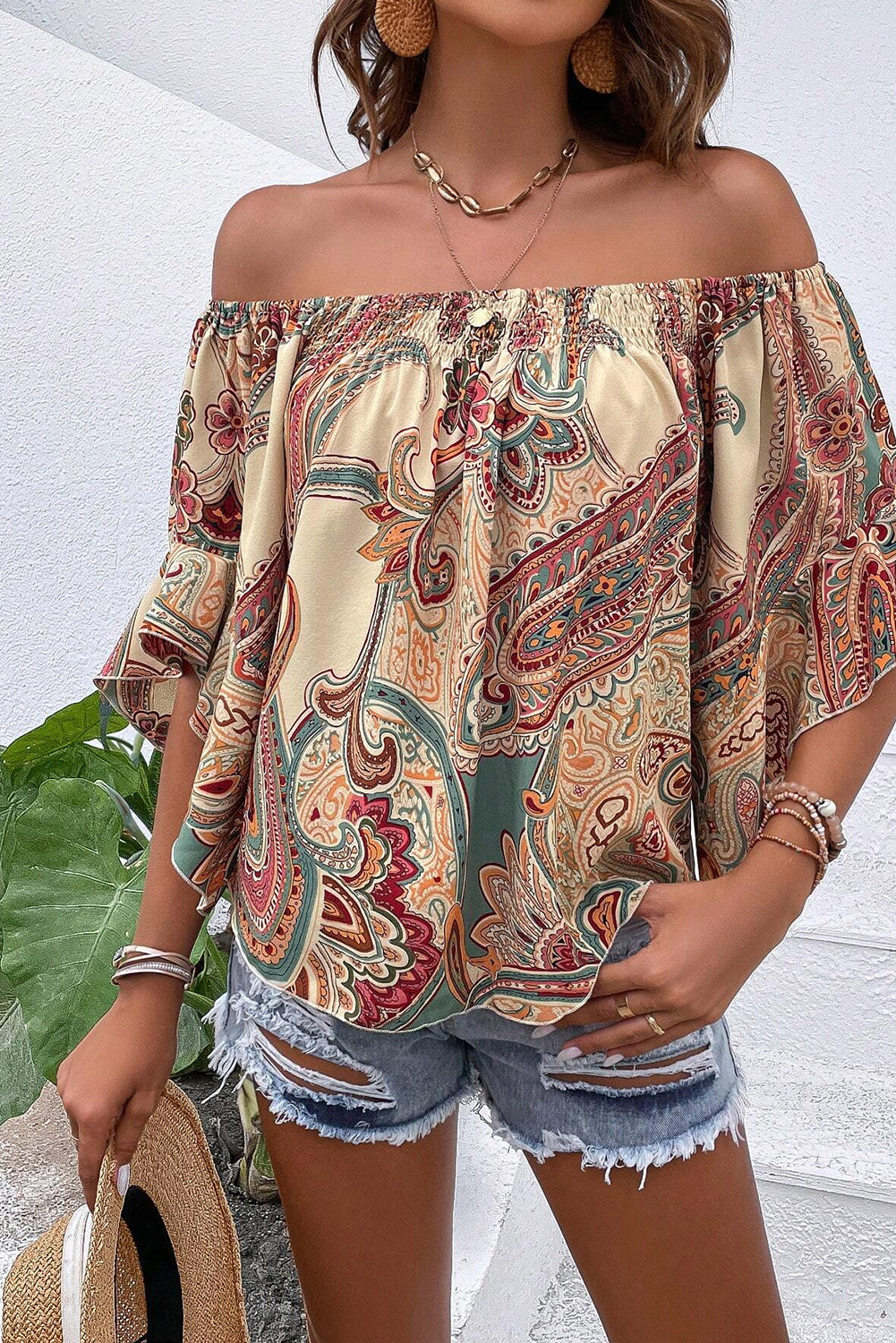 Elegant Apricot Paisley Off-Shoulder Ruffled Half Sleeve Blouse