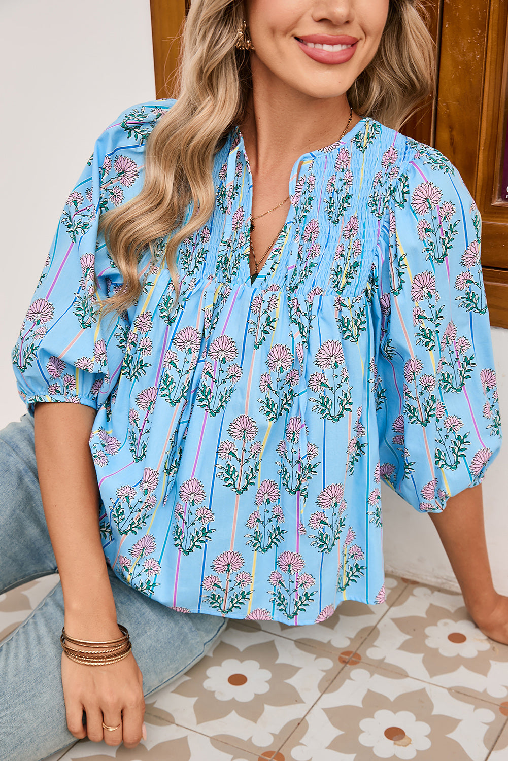 Sky Blue Floral Striped Smocked V Neck Blouse