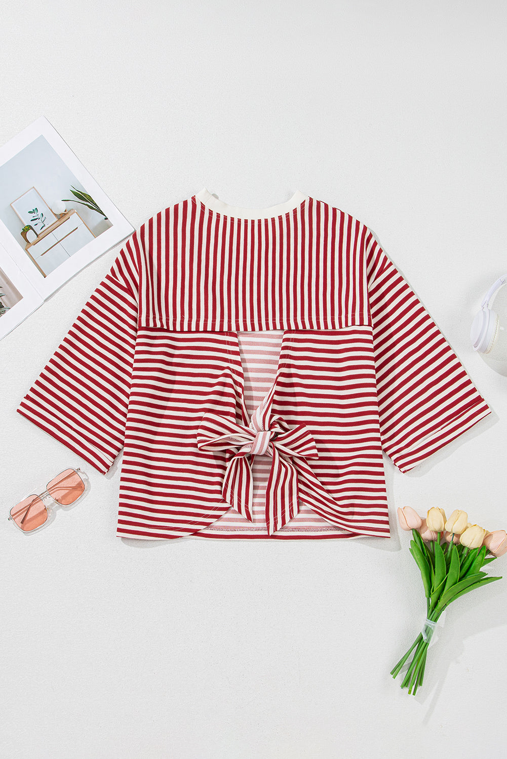 Red Striped Bowknot Backless T-Shirt