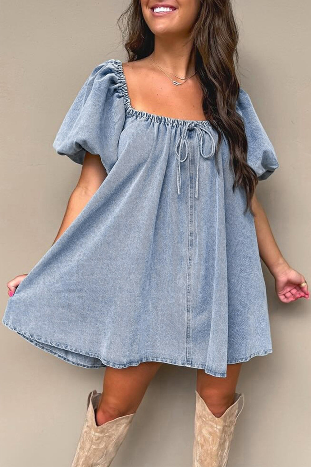 Chic Denim Babydoll Dress with Bubble Sleeves and Square Neck