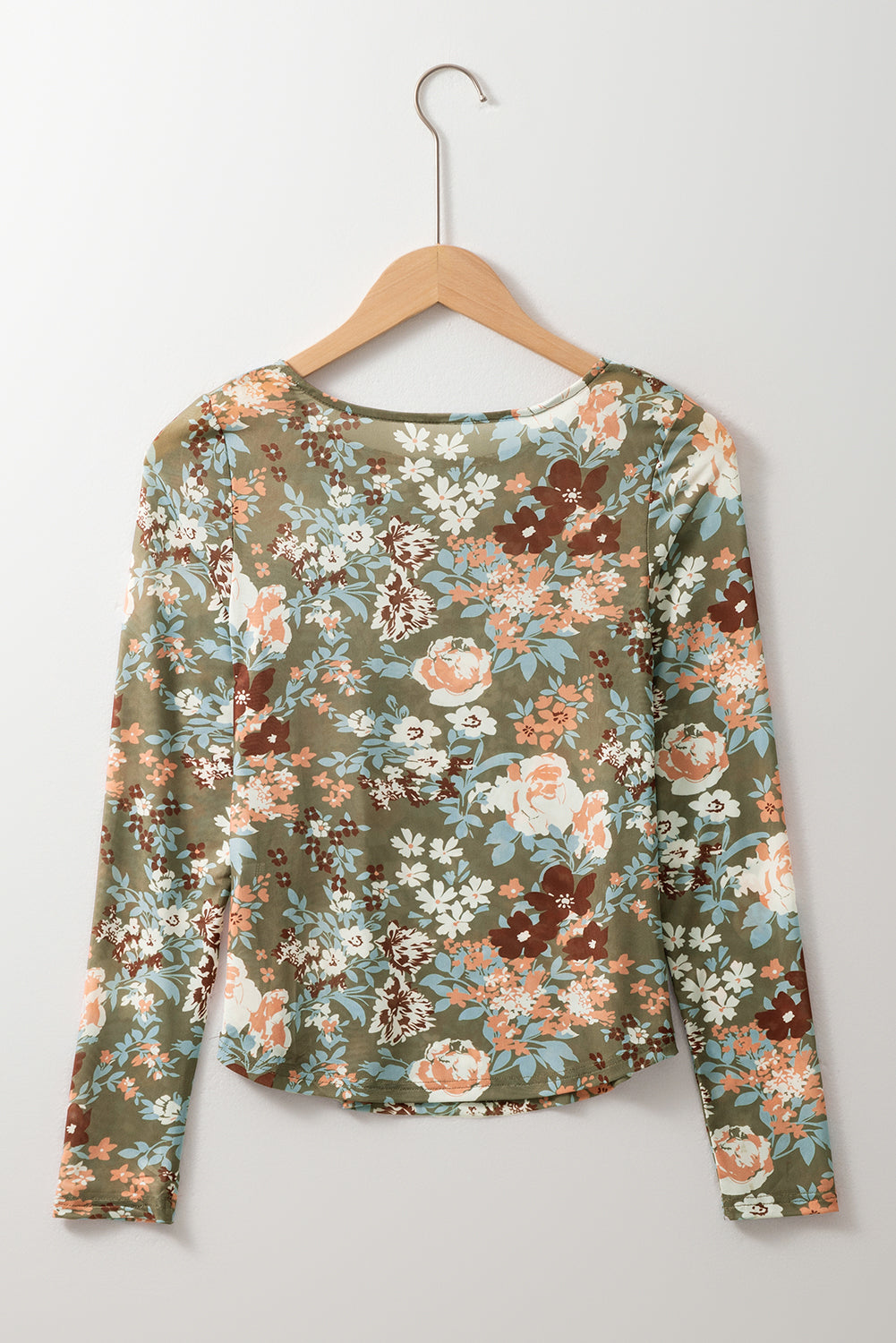 Green Floral Print Mesh Long Sleeve Top