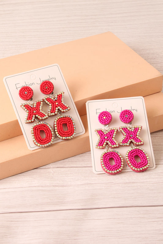 Rose Red XOXO Rice Beaded Dangle Earrings for Women