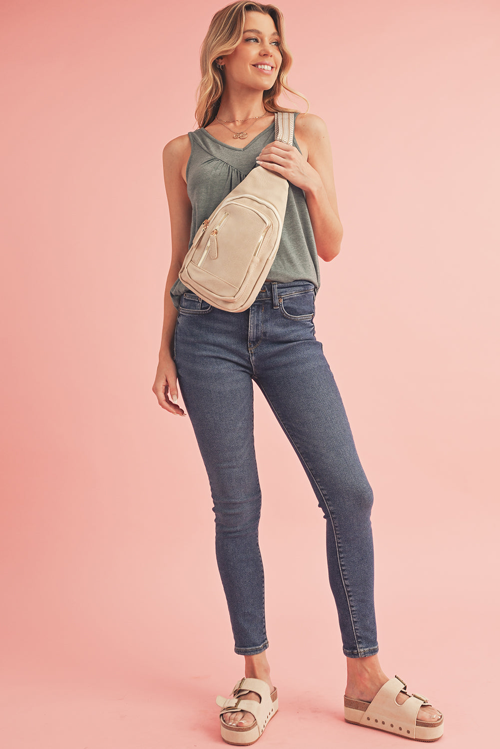 Sac cross-body zippé en cuir PU vintage beige