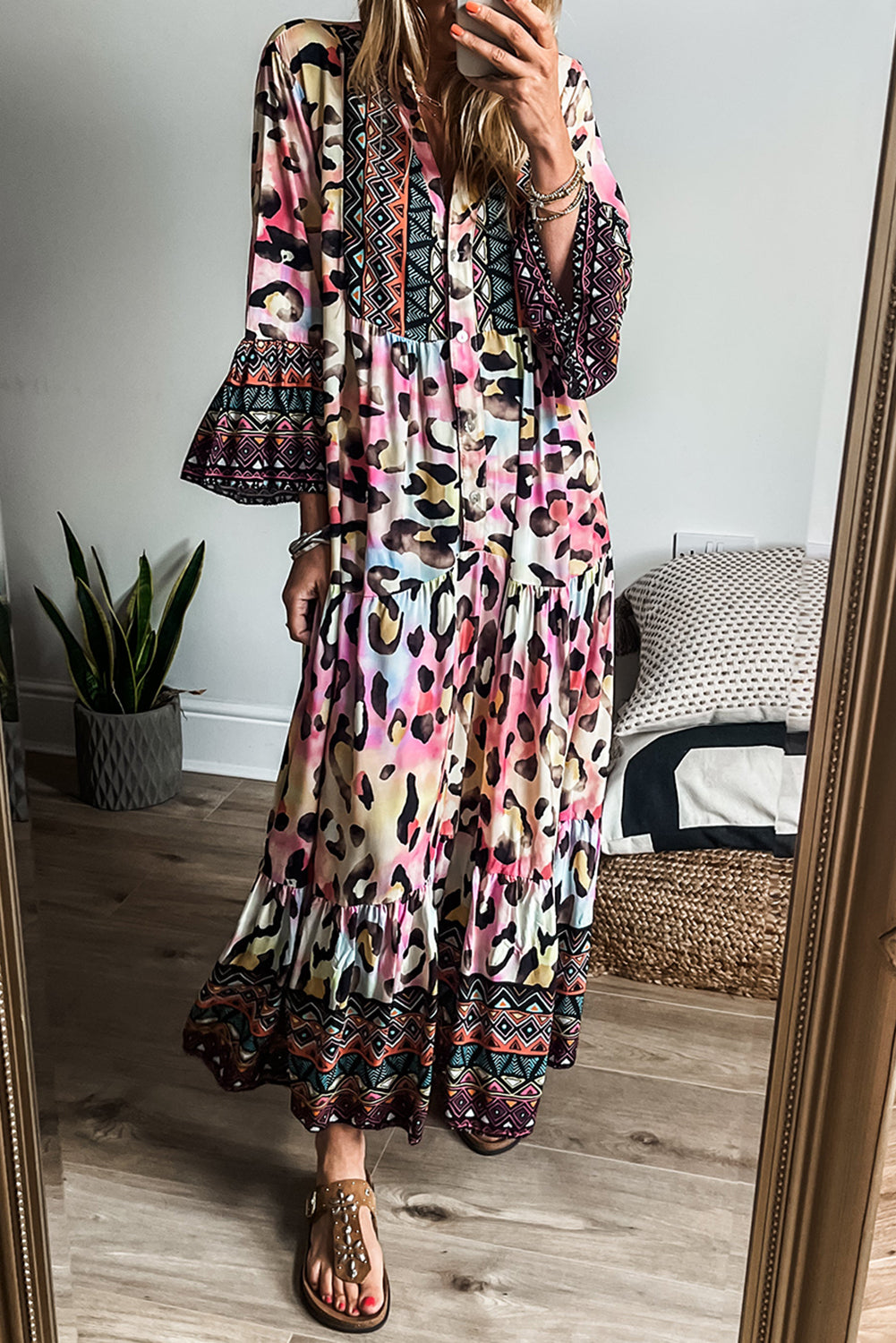 Fierce Pink Leopard Print Tiered Maxi Dress with 3/4 Sleeves