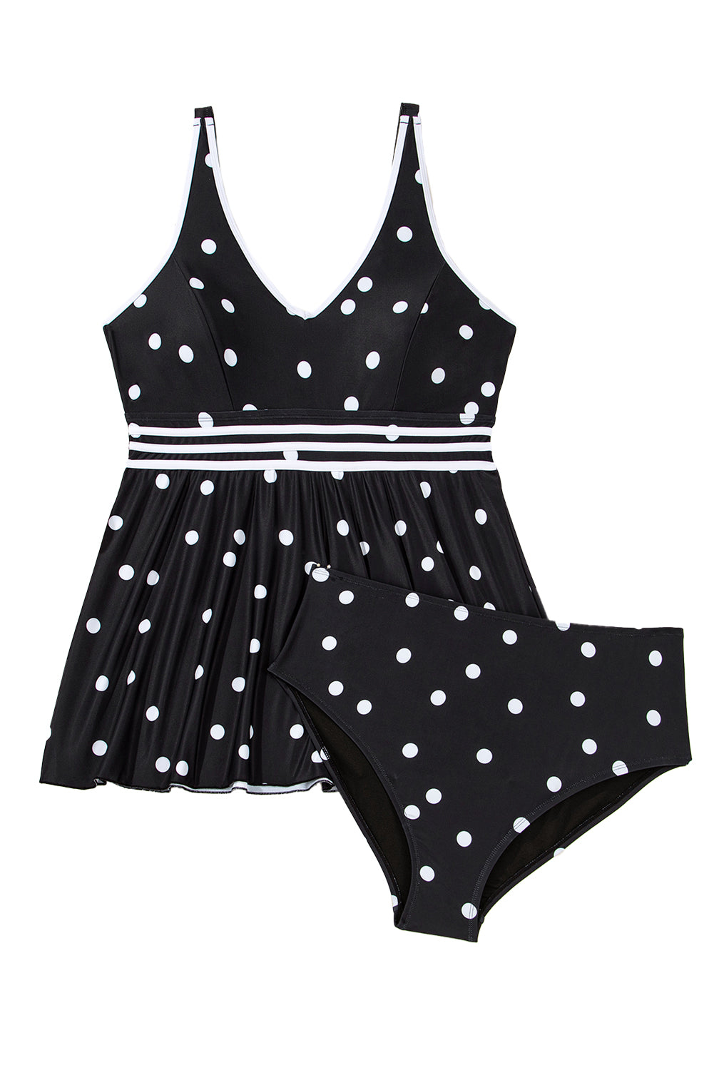 Black Polka Dot Colorblock Trim V Neck Plus Size Swim Dress