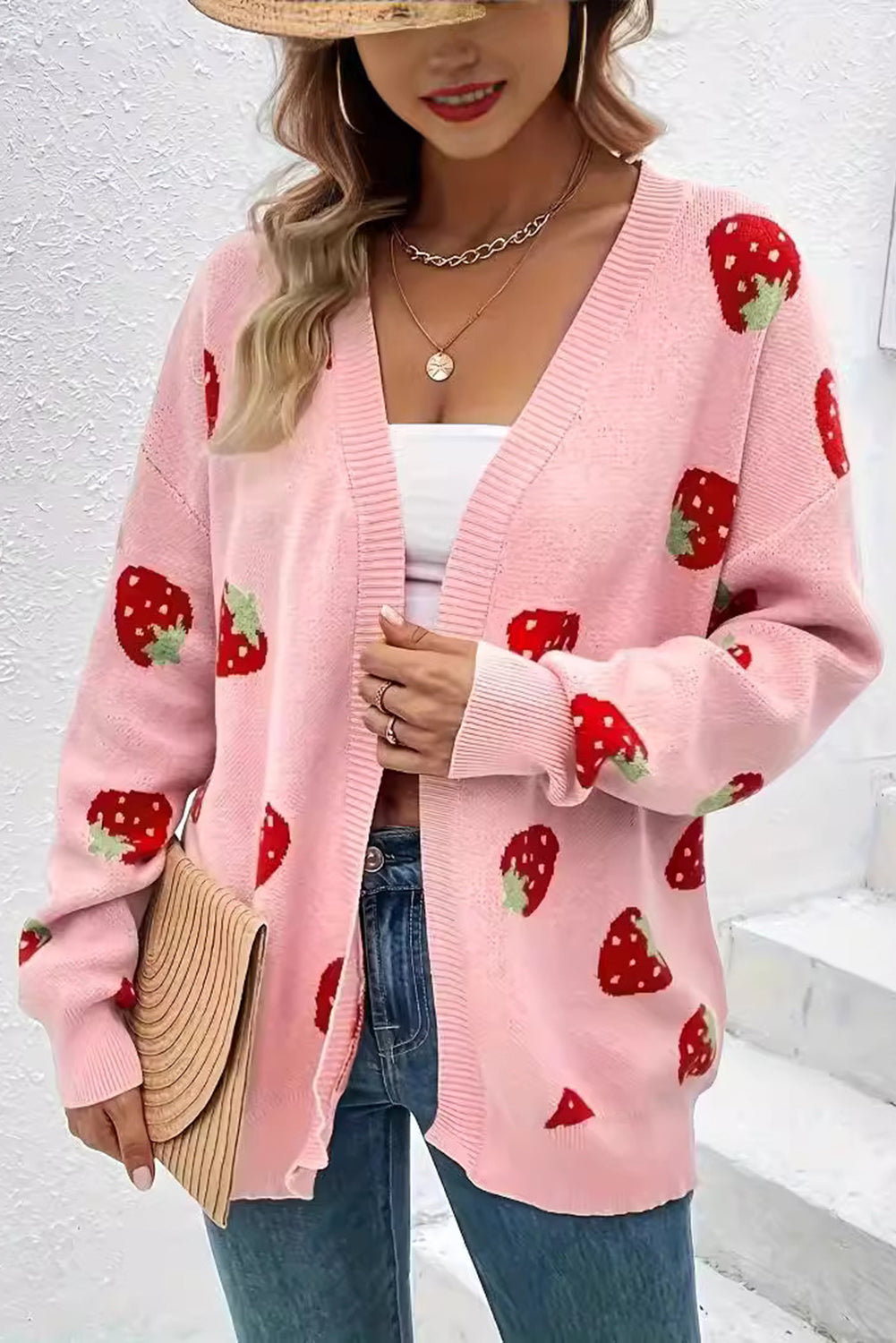 Cardigan en tricot à imprimé aux fraises en rose pour chic décontracté