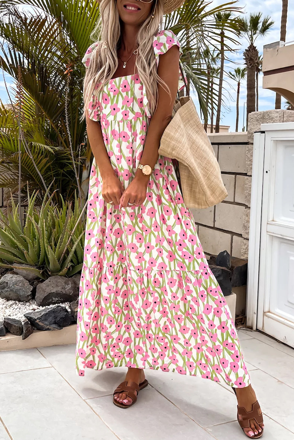 Robe maxi à collier carré à imprimé floral rose robe maxi