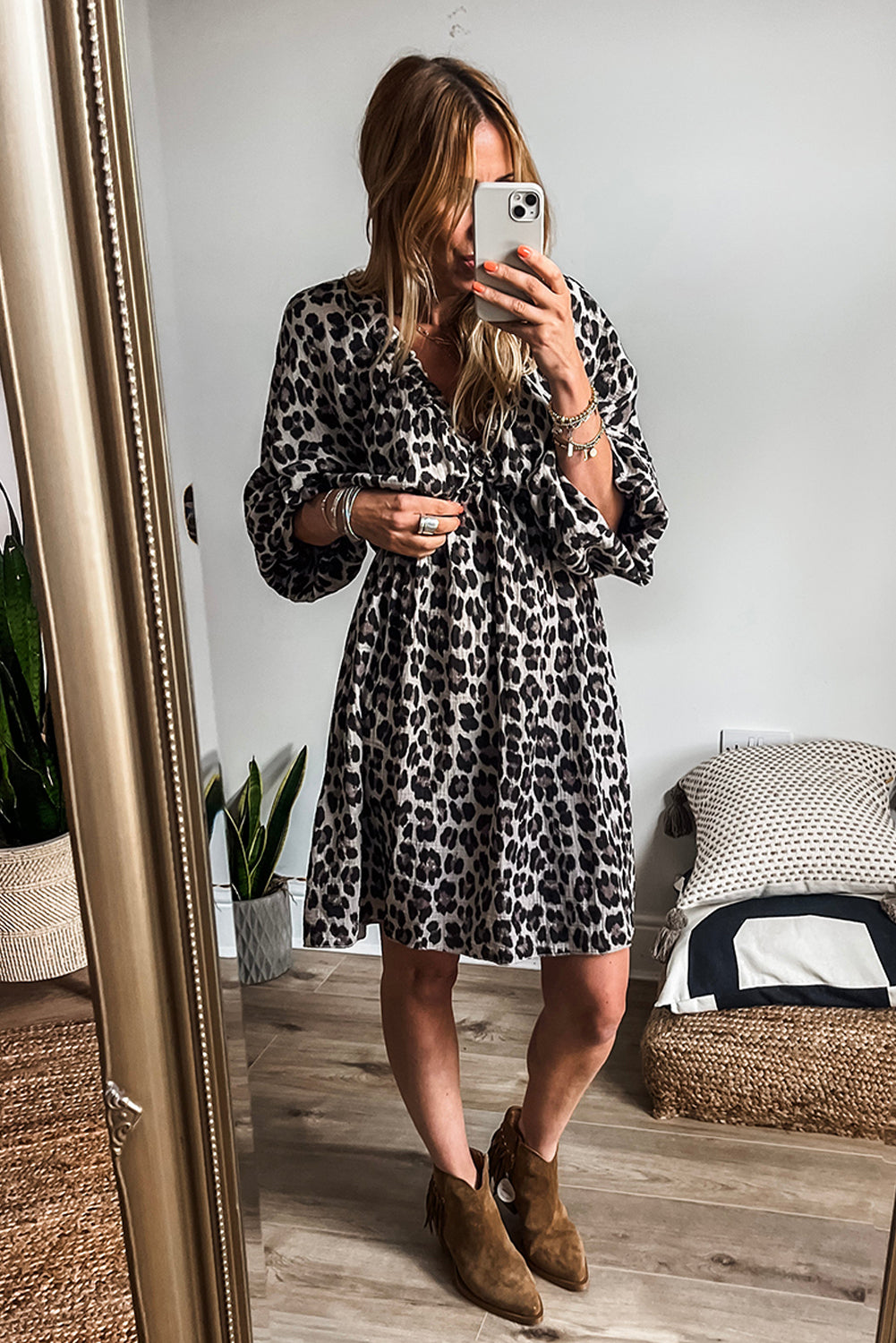 Black V Neck 3/4 Puff Sleeve Leopard Print Dress