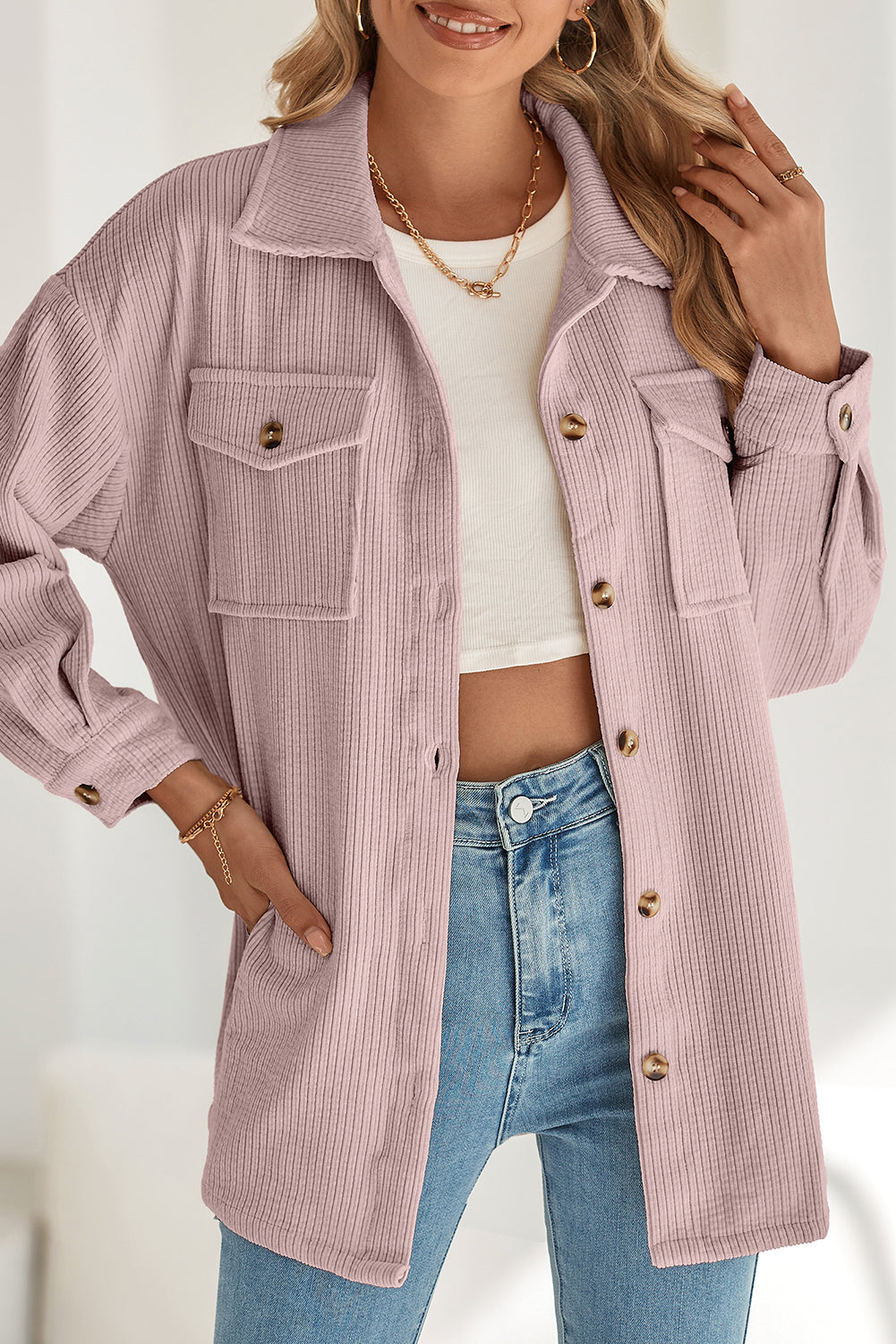 Light Pink Corduroy Flap Pocket Button Up Shacket