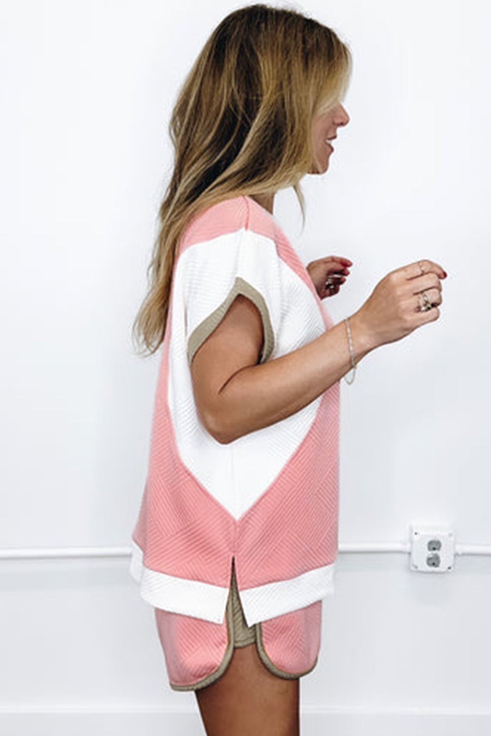 Pink Textured Colorblock Patchwork Tee and Shorts Set