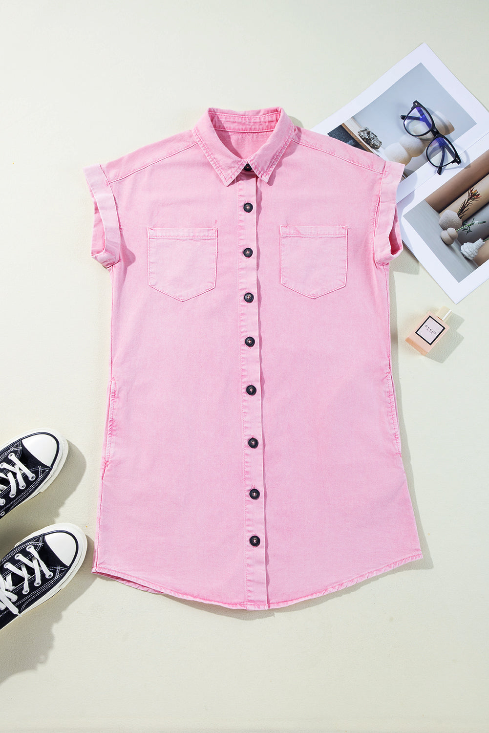 Pink Double Chest Pocket Denim Shirt Dress