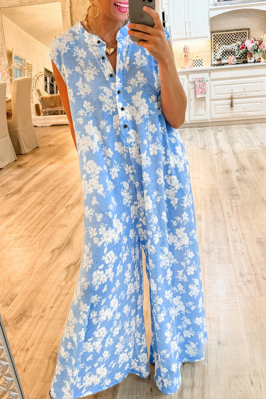 Myosotis Floral Print Sleeveless Wide Leg Jumpsuit