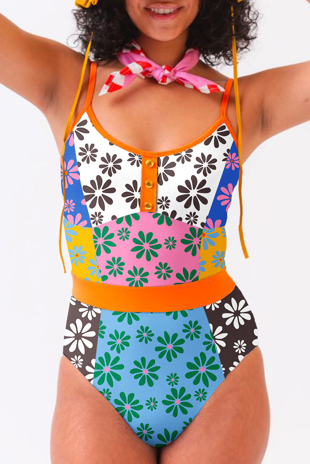 Orange Floral Colorblock Buttoned Front Spaghetti Straps Swimsuit