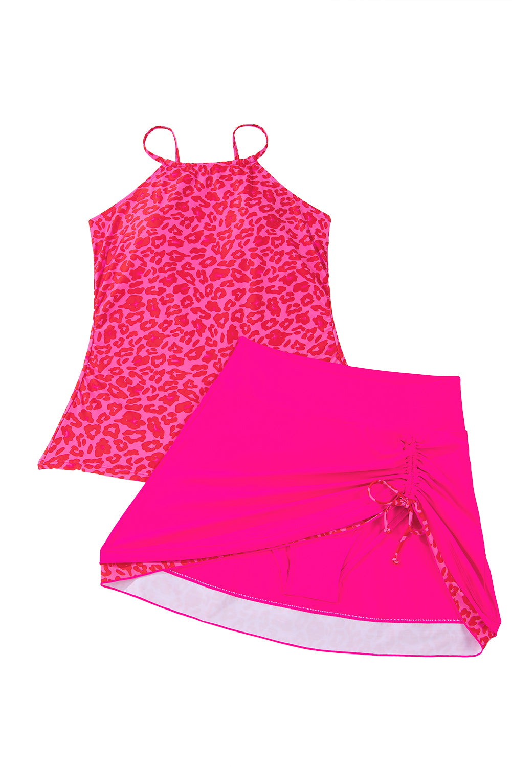 Rose Leopard Drawstring Side Tankini 2pcs Swimsuit