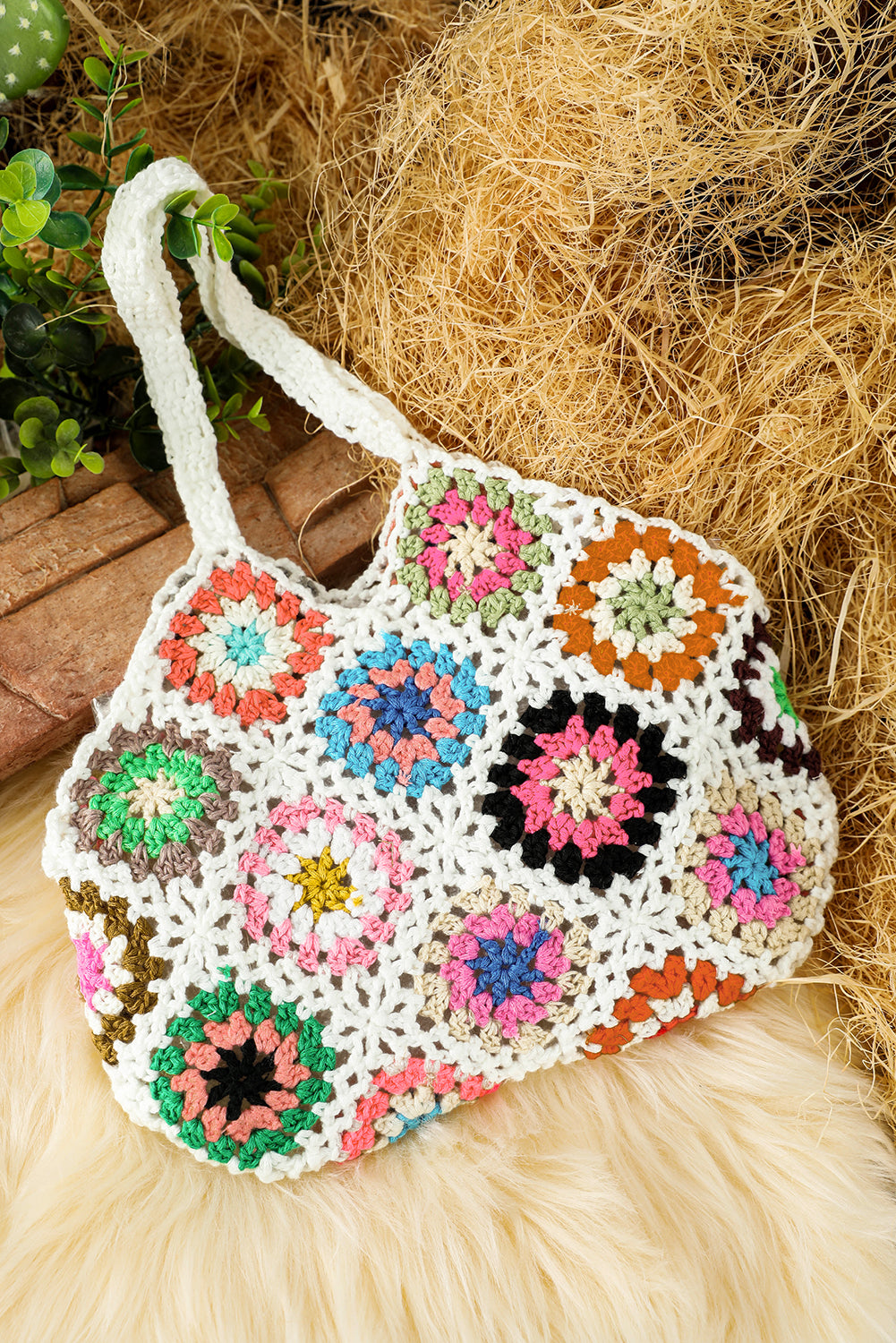 Weiße Boho Floral Häkel Retro ausgehöhlte Einkaufstasche