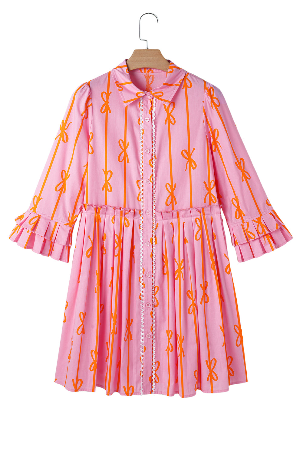 Pink Bowknot Striped Ruffle Mini Shirt Dress