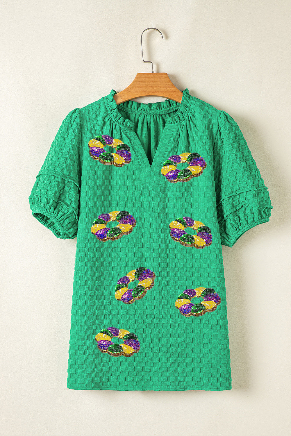 Bright Green Mardi Gras Sequin Donuts Graphic Notched Neck Textured Blouse