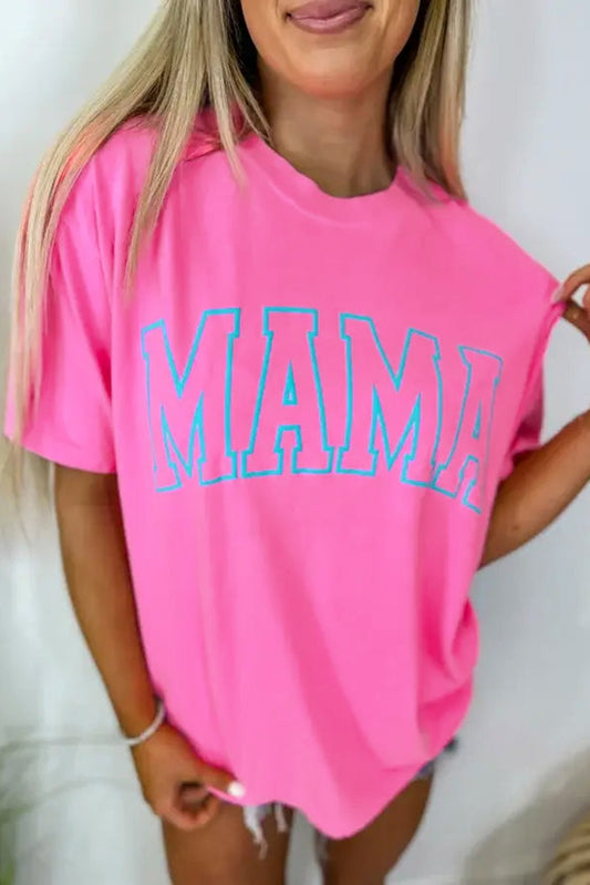 Fuchsia MAMA Letter Print Casual Tee