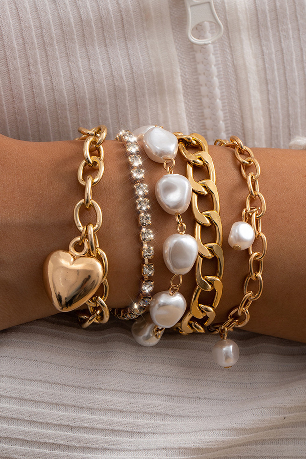 Gold 5Pcs Pearl Heart Diamond Bracelet Set for Elegance