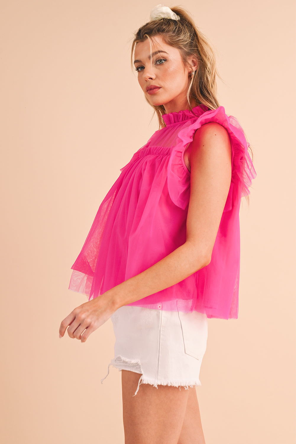 Ruffled Strawberry Pink Mesh Layered Top