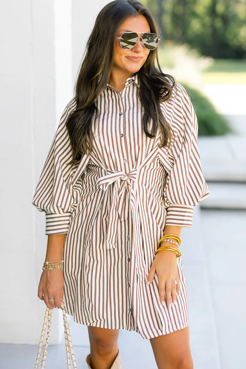 Brown Stripe Knot Waist Puff Sleeve Button Down Mini Shirt Dress