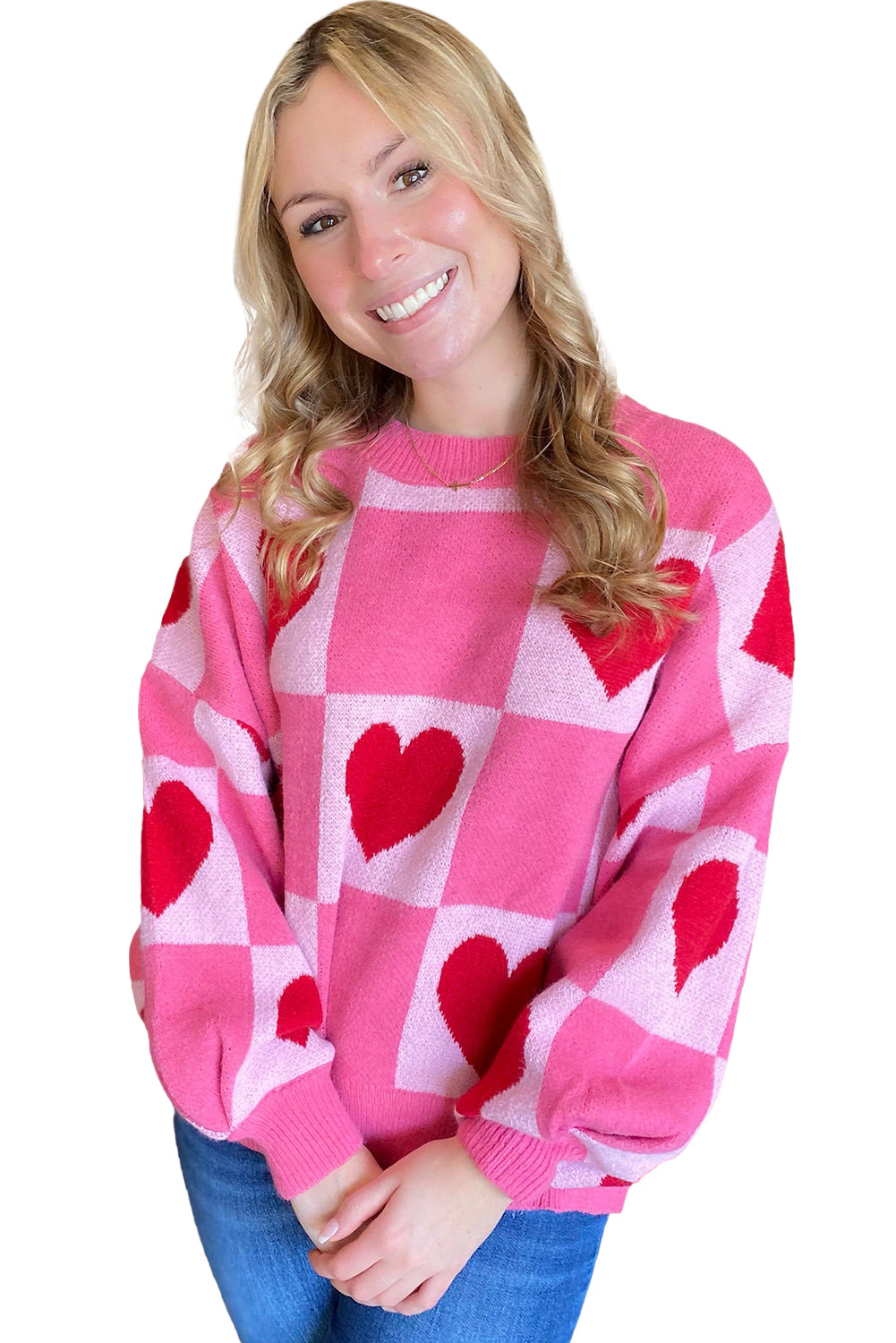 Pink Love Heart Checkered Valentine Knit Sweater