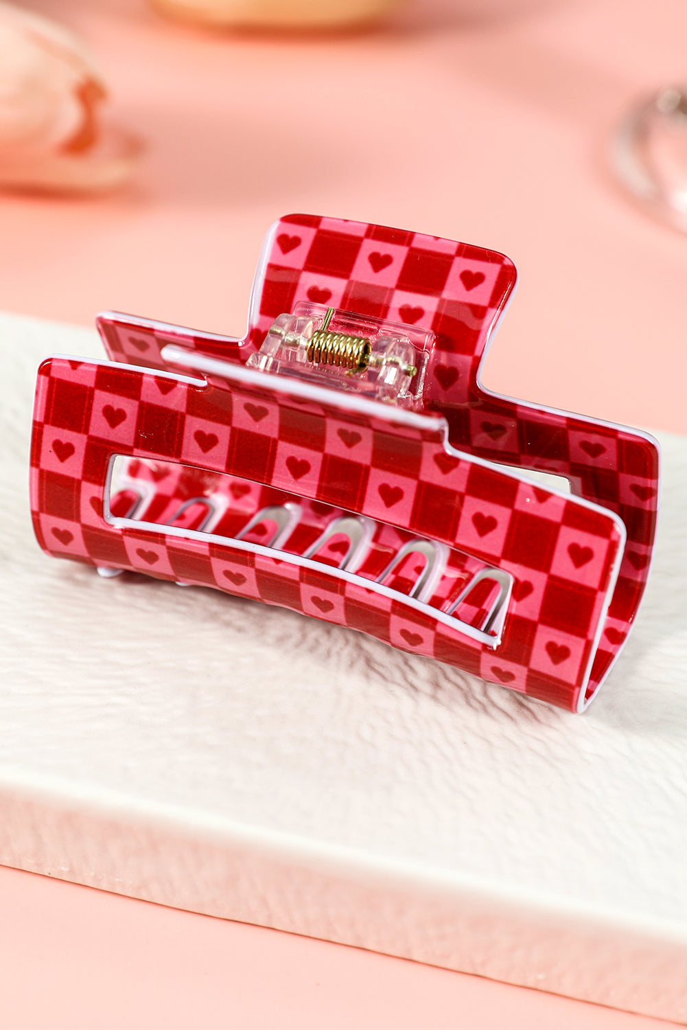 Racing Red Heart Print Checkered Hair Clip