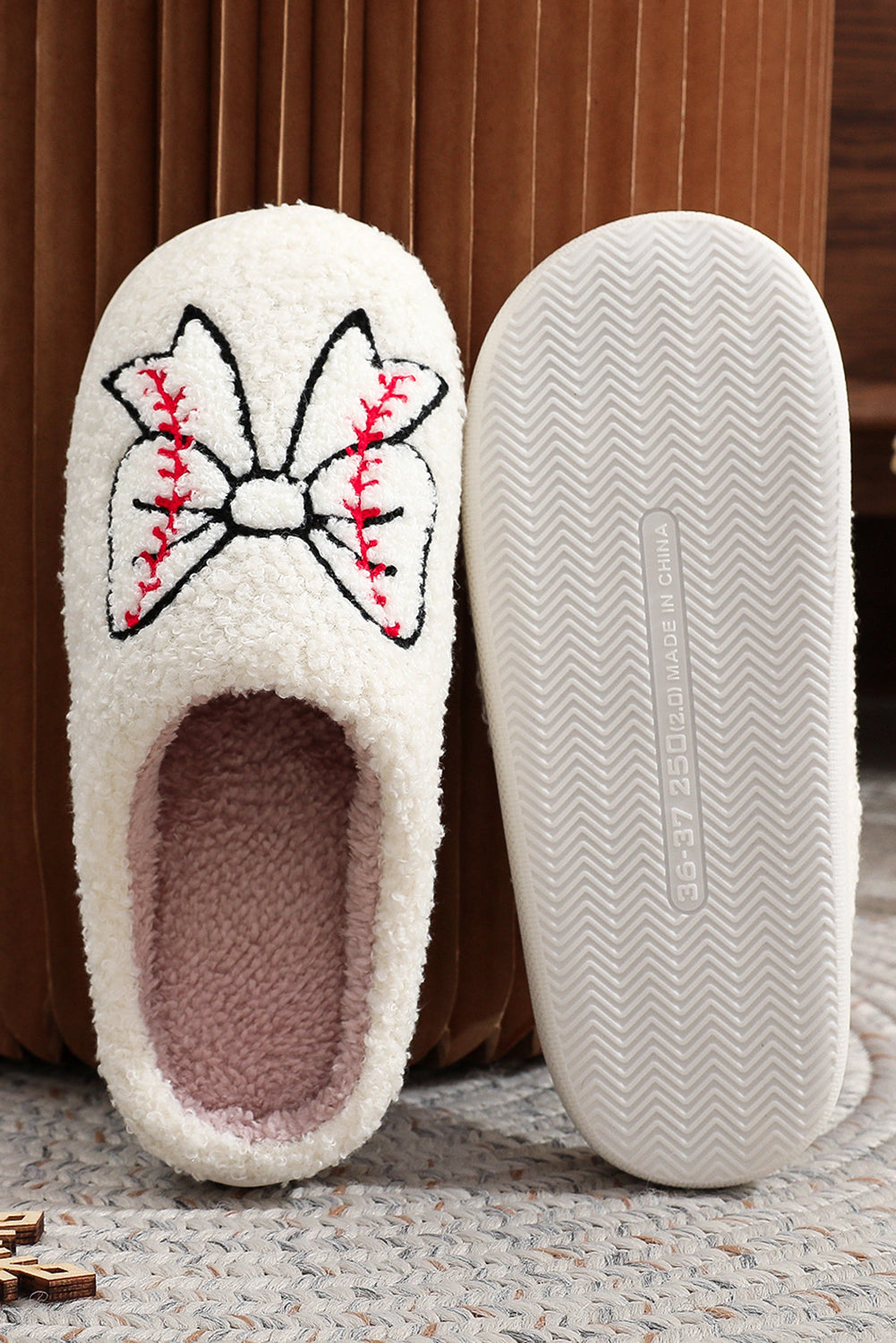 White Bow Knot Baseball Pattern Plush Warm Slippers