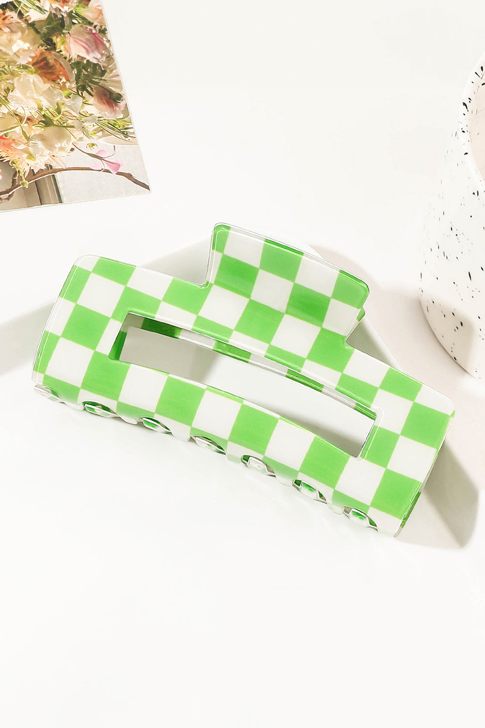 Light Green Checkered Print Hollow Out Hair Clip for Style