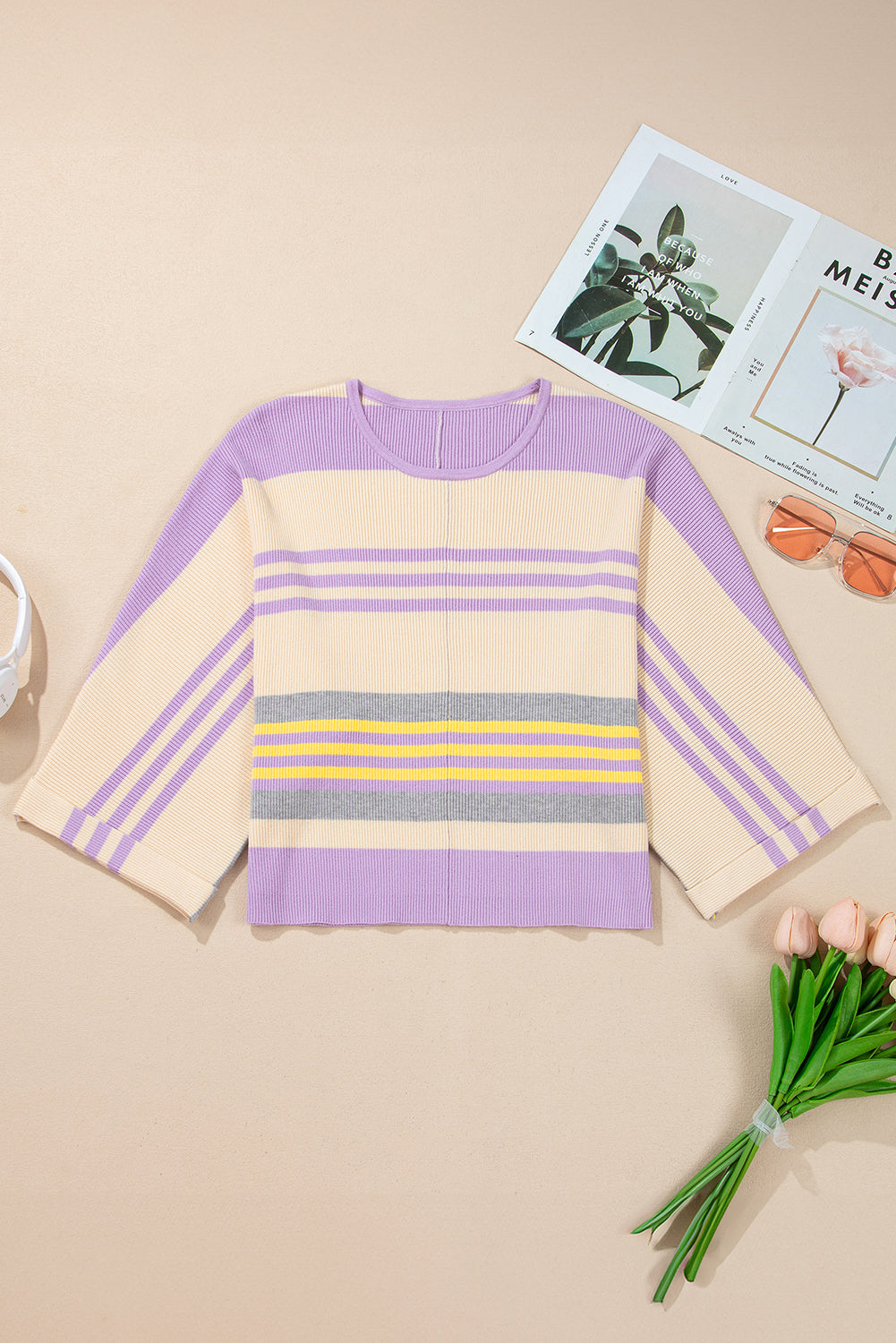 Purple Striped Rib-Knit Cropped Top