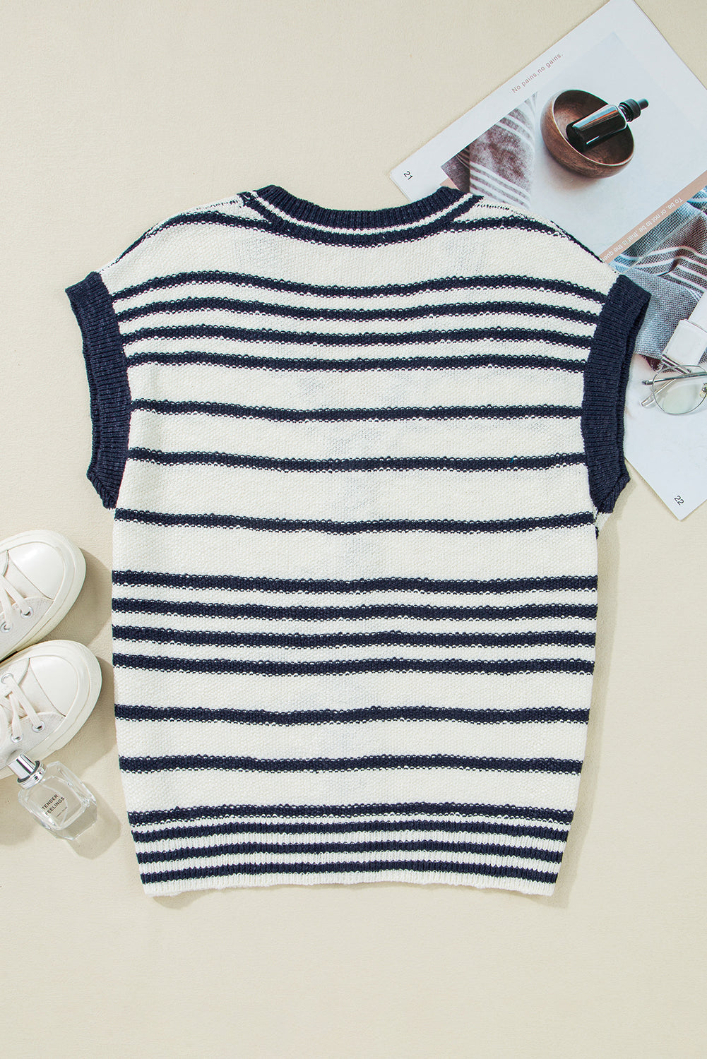 Striped Knit Vest with V Neck and Button Closure in Blue